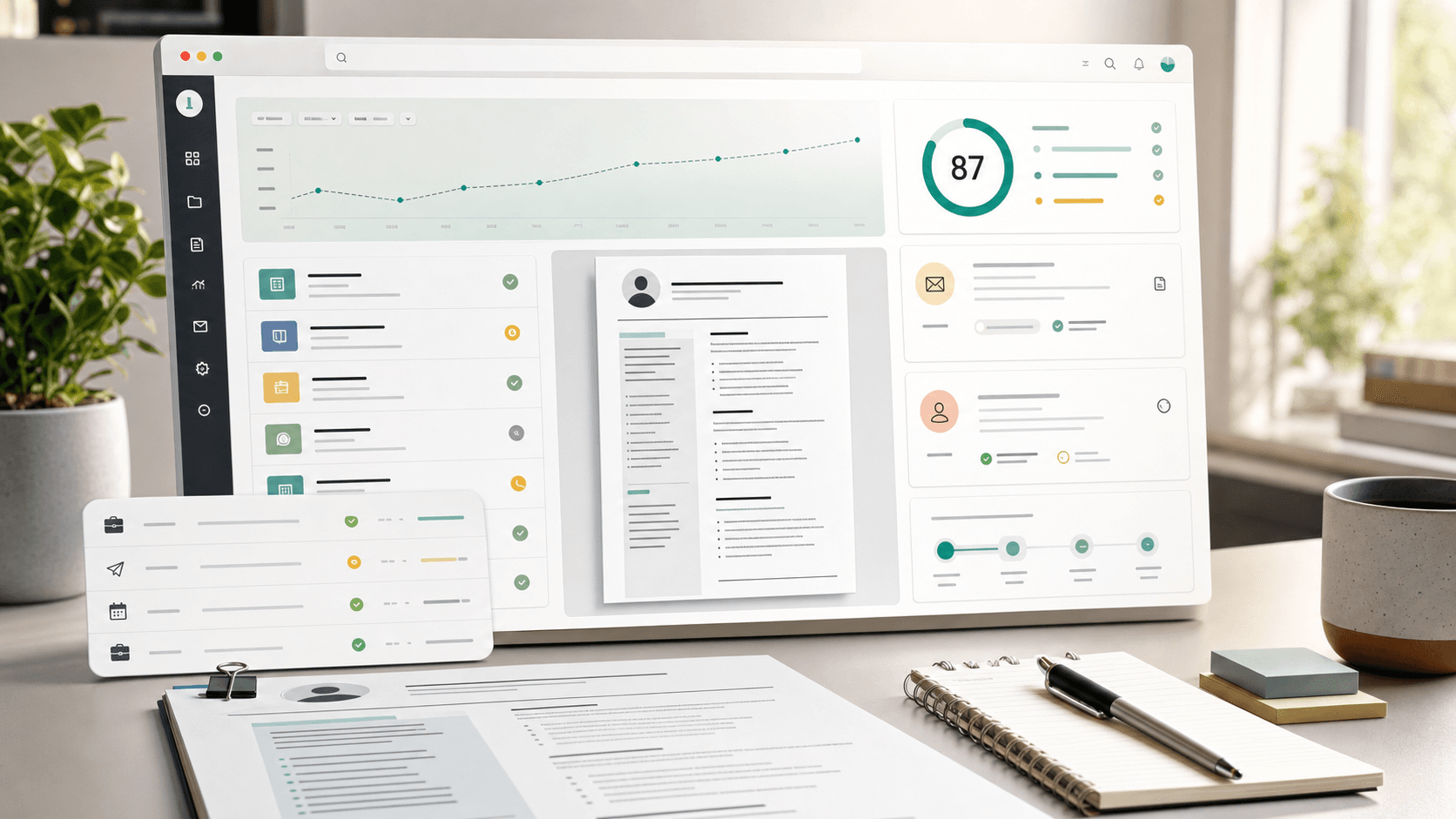 Applyable dashboard preview with a resume, ATS score and recruiter email workflow